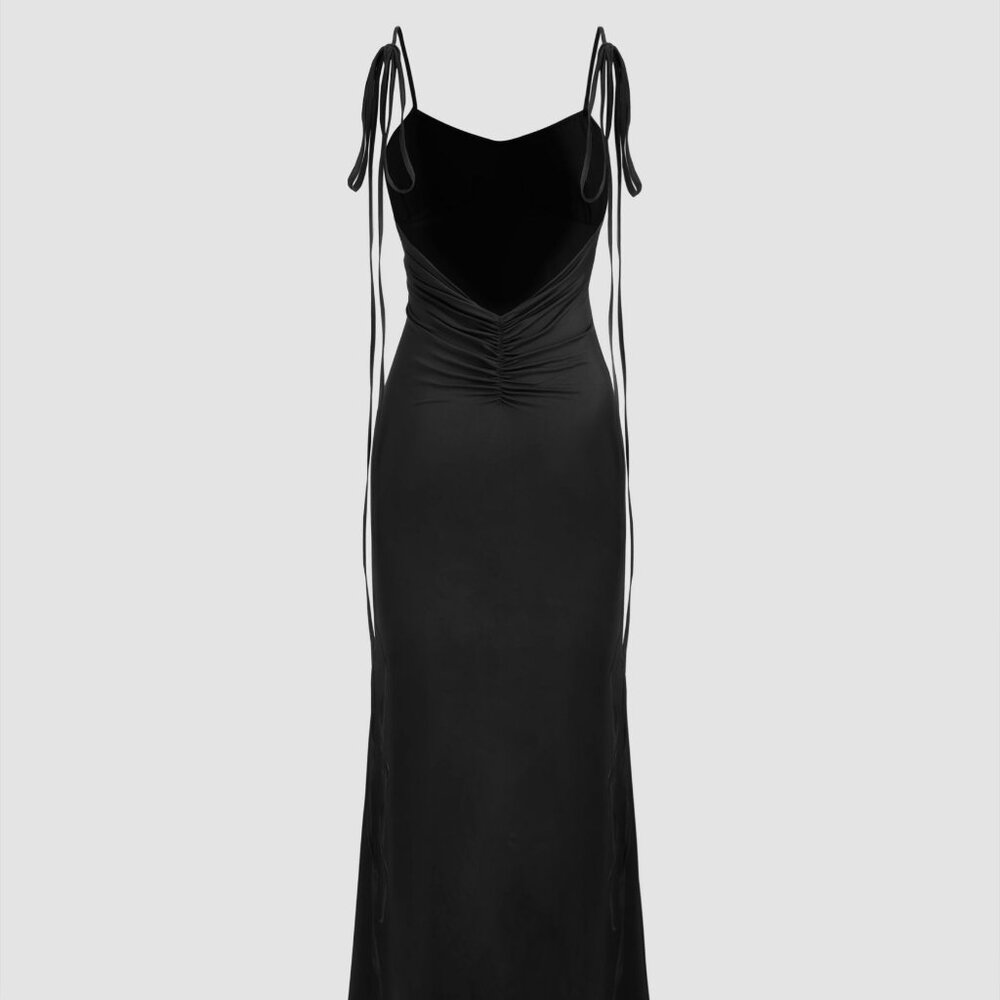 CIDER V-neck Solid Ruched Knotted Maxi Dress
